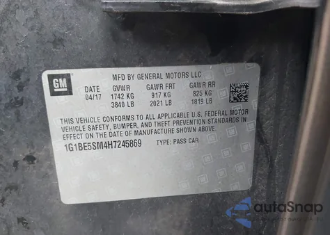 2017 Chevrolet Cruze Lt Auto z USA, uszkodzony, nr VIN 1G1BE5SM4H7245869